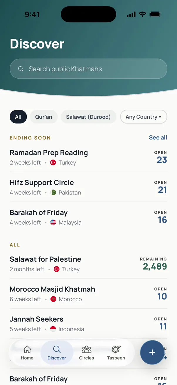 The Discover screen listing public Khatmahs from Turkey, Pakistan, Indonesia, Malaysia and Yemen