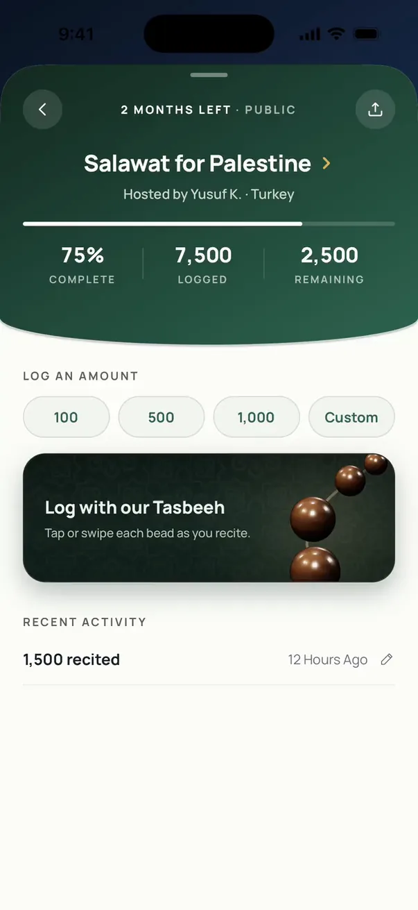 A Salawat Khatmah showing 1,357 logged toward a shared goal